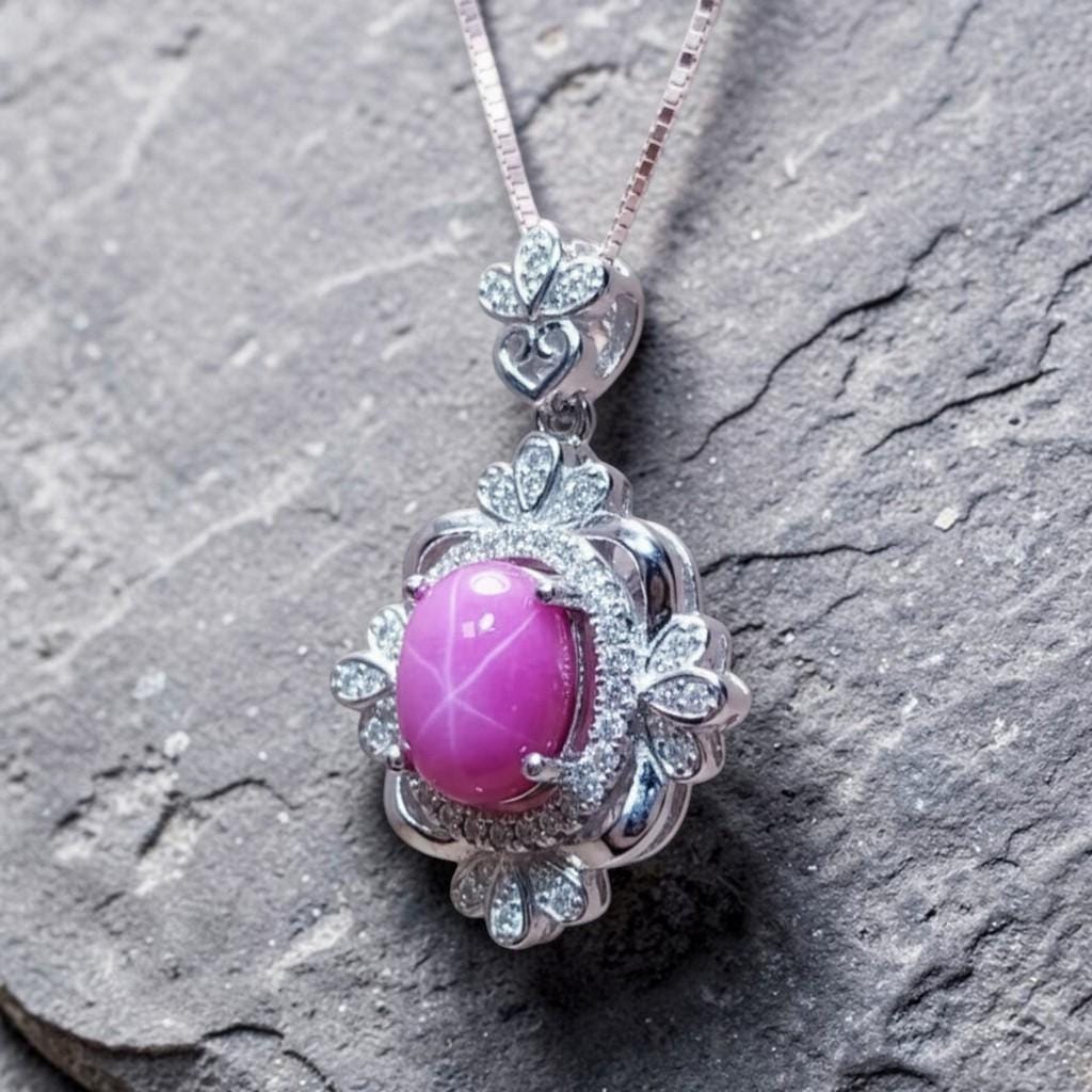 Star Ruby Necklace - Gemstone Royal Flower Ruby Pendant - 18KGP @ Sterling Silver - July Birthstone #749