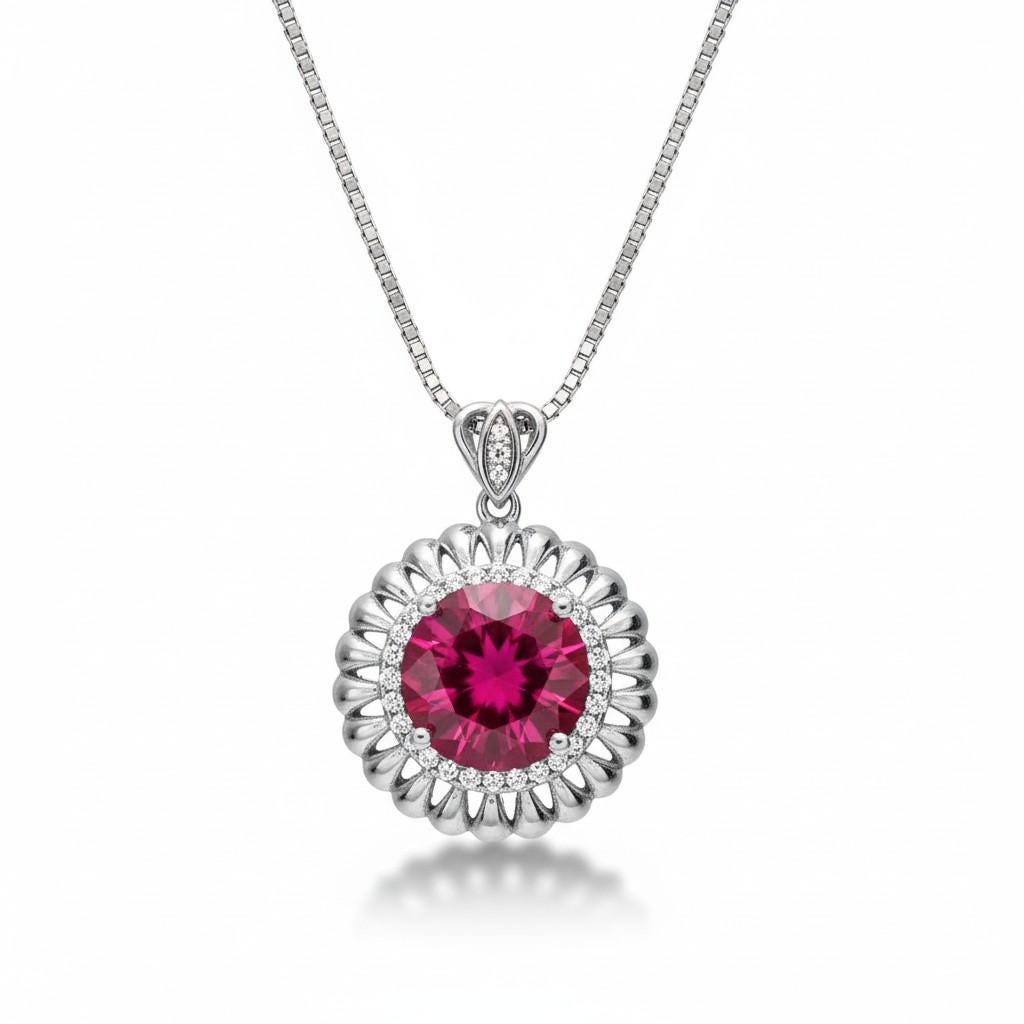 Ruby Necklace - Sterling Silver Large Sunflower Round Red Ruby Pendant - 14K White Gold Coated - Ruby Jewelry #965