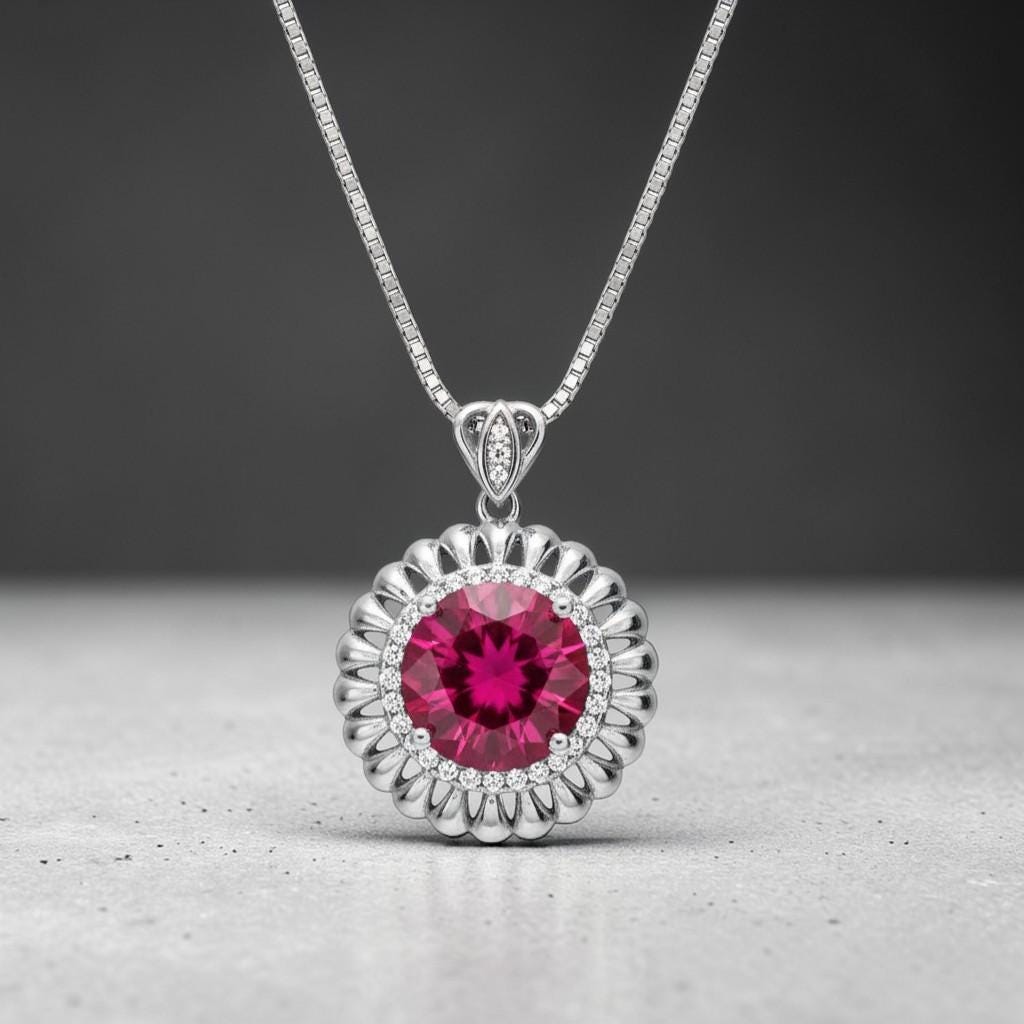 Ruby Necklace - Sterling Silver Large Sunflower Round Red Ruby Pendant - 14K White Gold Coated - Ruby Jewelry #965