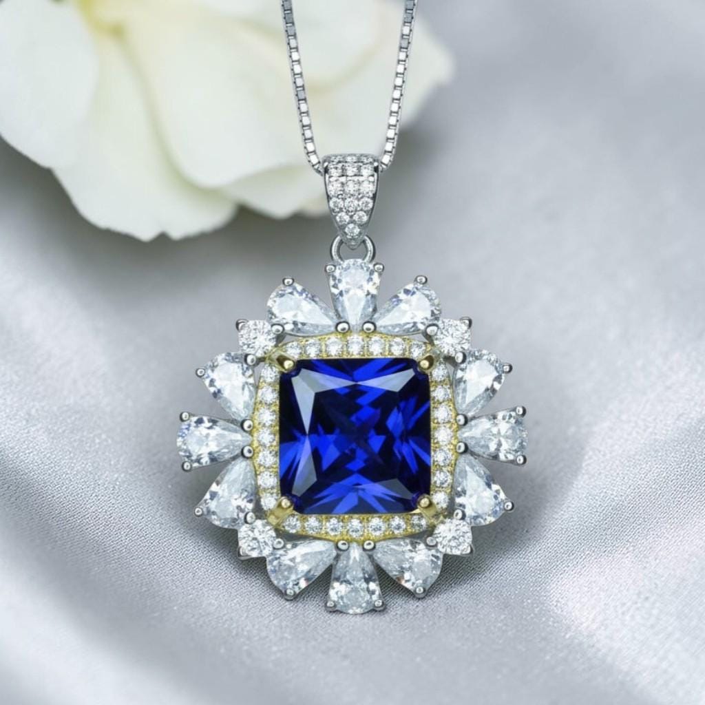 Large Square Tanzanite Necklace - Gemstone Halo Square Sterling Silver 18KGP - 7 CT 10 MM Lab Created Tanzanite Jewelry #810