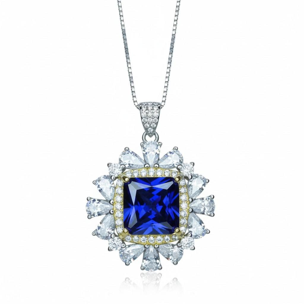 Large Square Tanzanite Necklace - Gemstone Halo Square Sterling Silver 18KGP - 7 CT 10 MM Lab Created Tanzanite Jewelry #810
