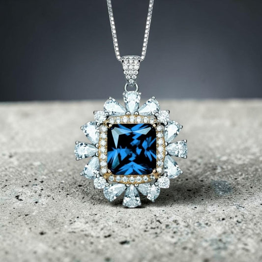 Large Square Sapphire Necklace - Gemstone Halo Gold Square 7 CT 10 MM Blue Sapphire Pendant - Sterling Silver White Gold plated #875