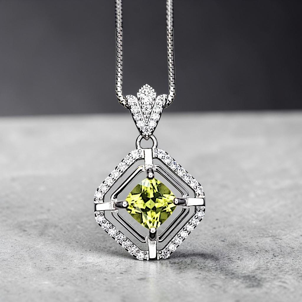 Genuine Square Peridot Necklace 18KGP @ Sterling Silver - Double Halo 0.9 CT Green Peridot Pendant Jewelry - August Birthstone #033