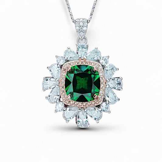 Large Square Emerald Necklace Gemstone Halo Gold Square 7 CT 10 MM Green Emerald Pendant Sterling Silver White Gold plated #809