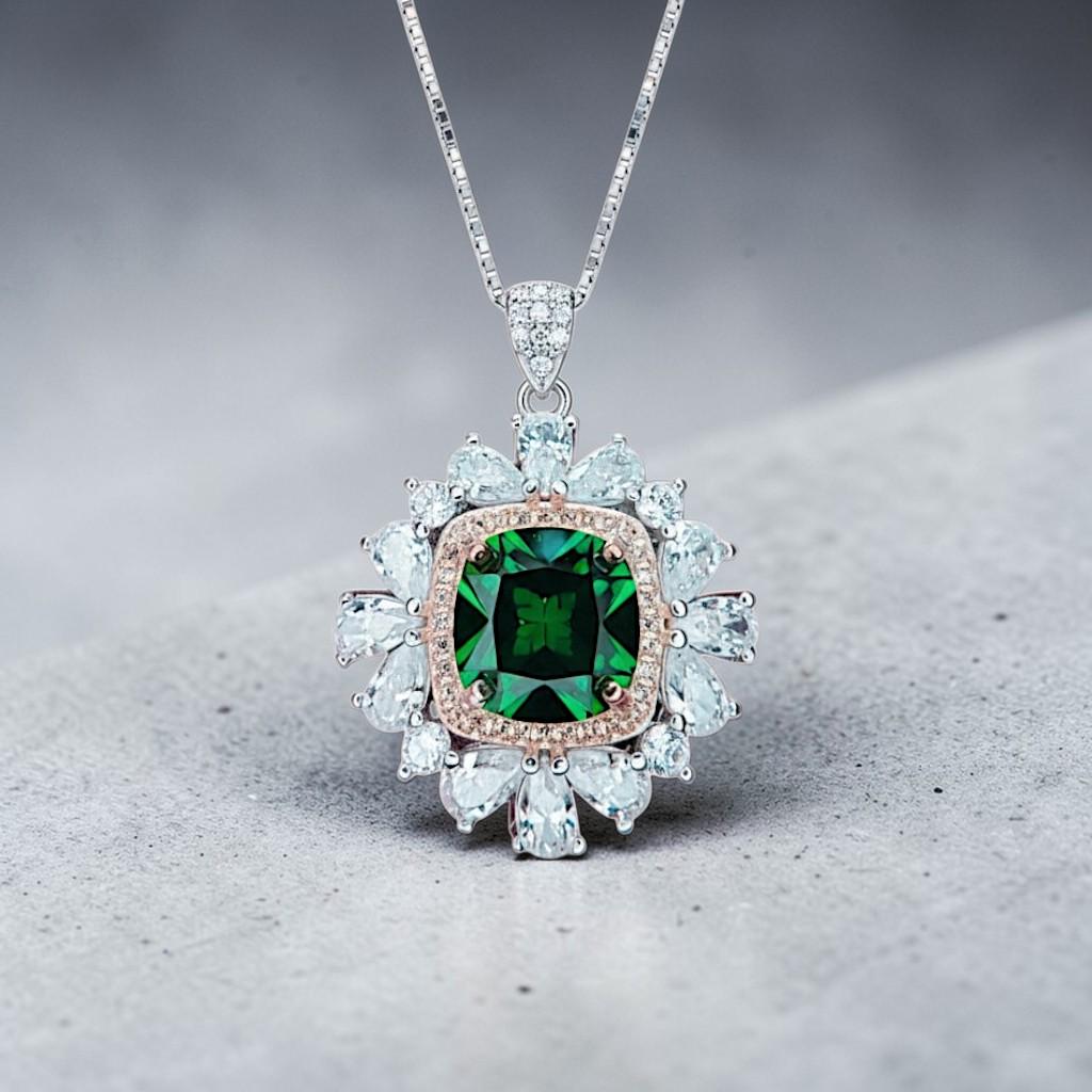Large Square Emerald Necklace Gemstone Halo Gold Square 7 CT 10 MM Green Emerald Pendant Sterling Silver White Gold plated #809