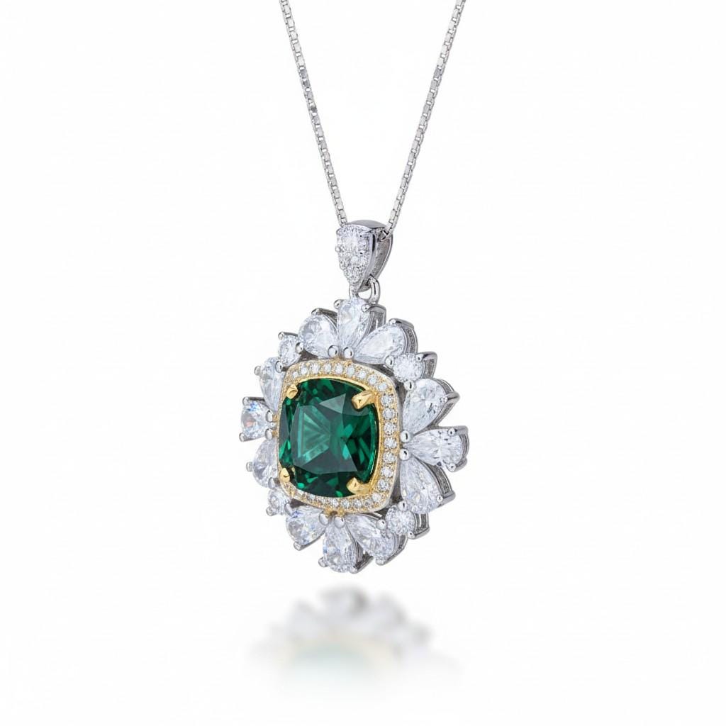 Large Square Emerald Necklace Gemstone Halo Gold Square 7 CT 10 MM Green Emerald Pendant Sterling Silver White Gold plated #809