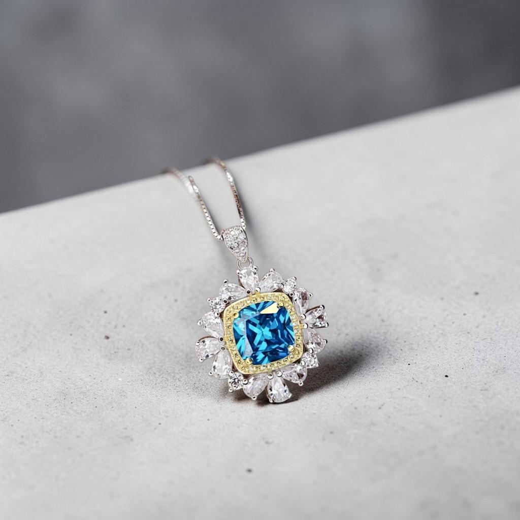 Blue Topaz Necklace 18kgp @ Sterling Silver Large Square Radiant Cut Halo 7 CT Blue Topaz Gemstone Pendant November Birthstone #808