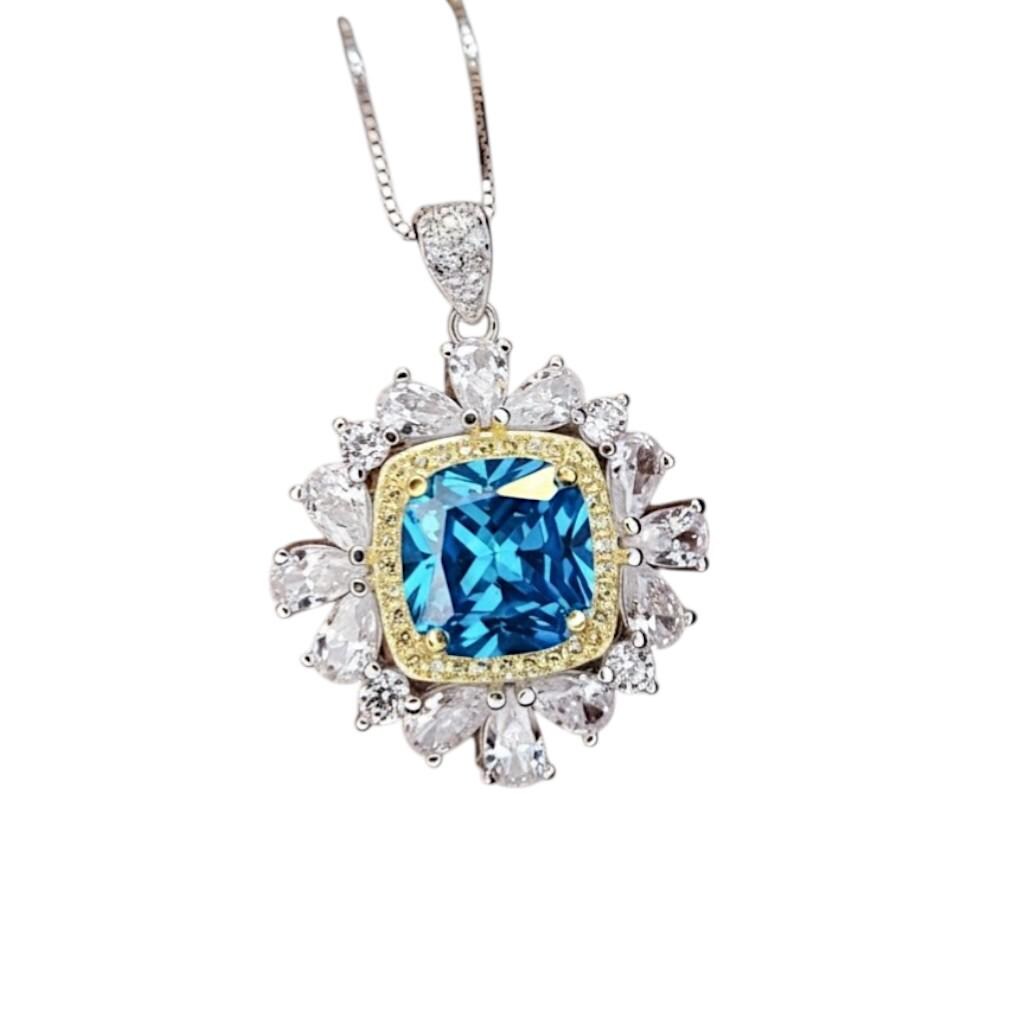 Blue Topaz Necklace 18kgp @ Sterling Silver Large Square Radiant Cut Halo 7 CT Blue Topaz Gemstone Pendant November Birthstone #808