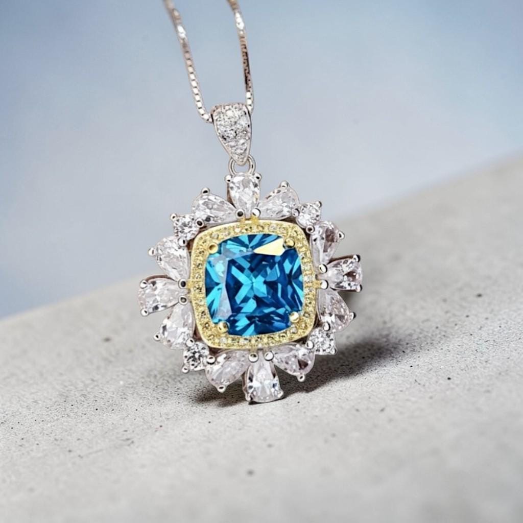 Blue Topaz Necklace 18kgp @ Sterling Silver Large Square Radiant Cut Halo 7 CT Blue Topaz Gemstone Pendant November Birthstone #808