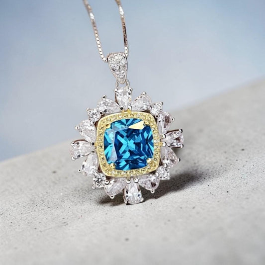 Blue Topaz Necklace 18kgp @ Sterling Silver Large Square Radiant Cut Halo 7 CT Blue Topaz Gemstone Pendant November Birthstone #808