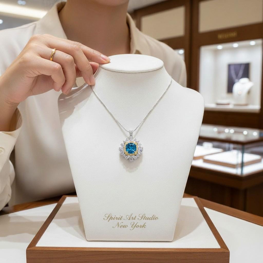 Blue Topaz Necklace 18kgp @ Sterling Silver Large Square Radiant Cut Halo 7 CT Blue Topaz Gemstone Pendant November Birthstone #808