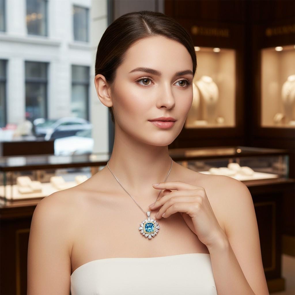 Blue Topaz Necklace 18kgp @ Sterling Silver Large Square Radiant Cut Halo 7 CT Blue Topaz Gemstone Pendant November Birthstone #808
