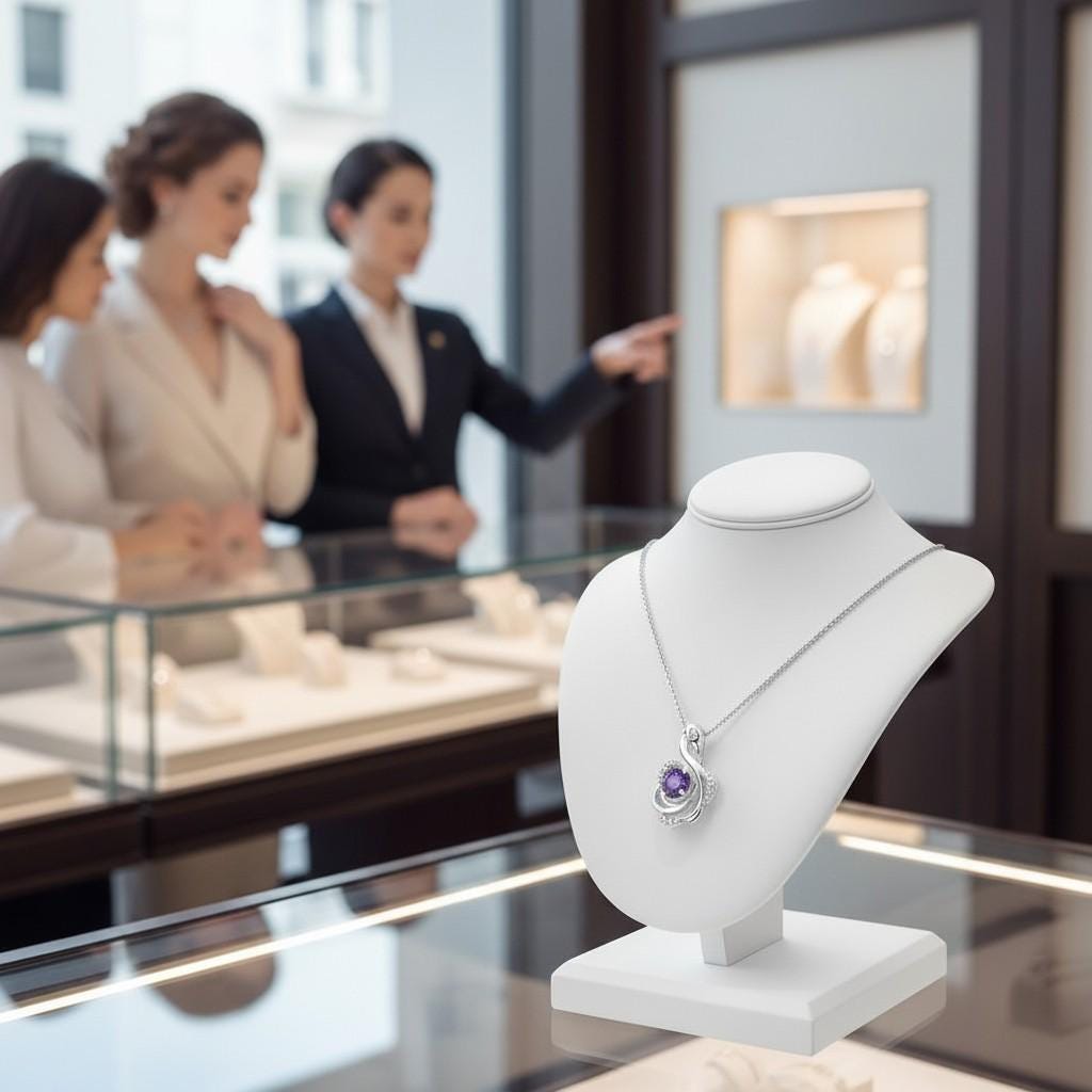 Gemstone Swan Genuine Amethyst Necklace - 18KGP @925 Sterling Silver Round Natural Amethyst Pendant #411