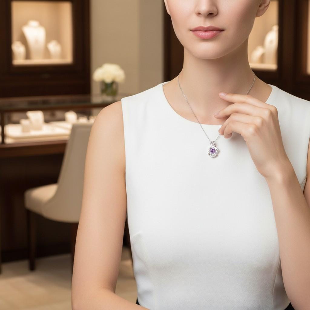 Gemstone Swan Genuine Amethyst Necklace - 18KGP @925 Sterling Silver Round Natural Amethyst Pendant #411