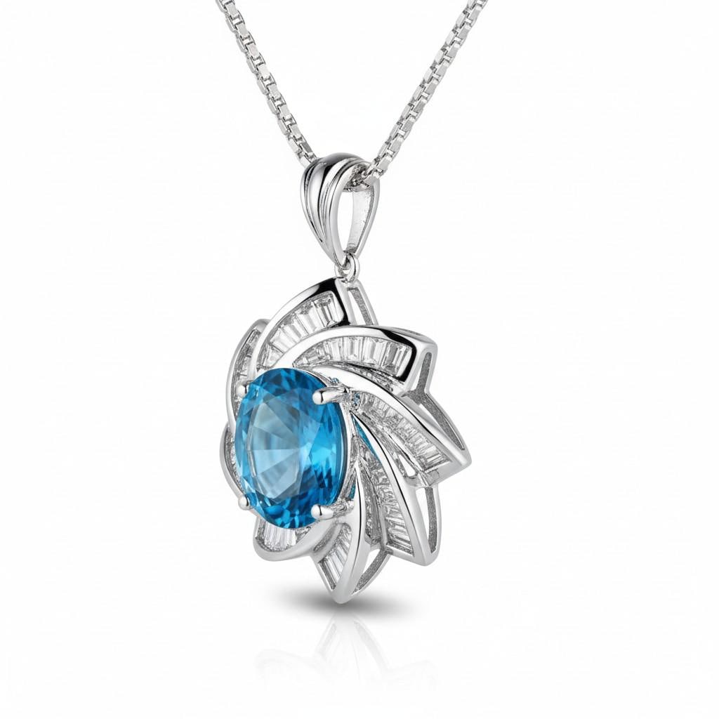 Blue Topaz Necklace - Diamond Milky Way Spiral Pendant 18KGP White Gold Sterling Silver - 3 CT Galaxy Energy Vortexes Windmill Jewelry #987