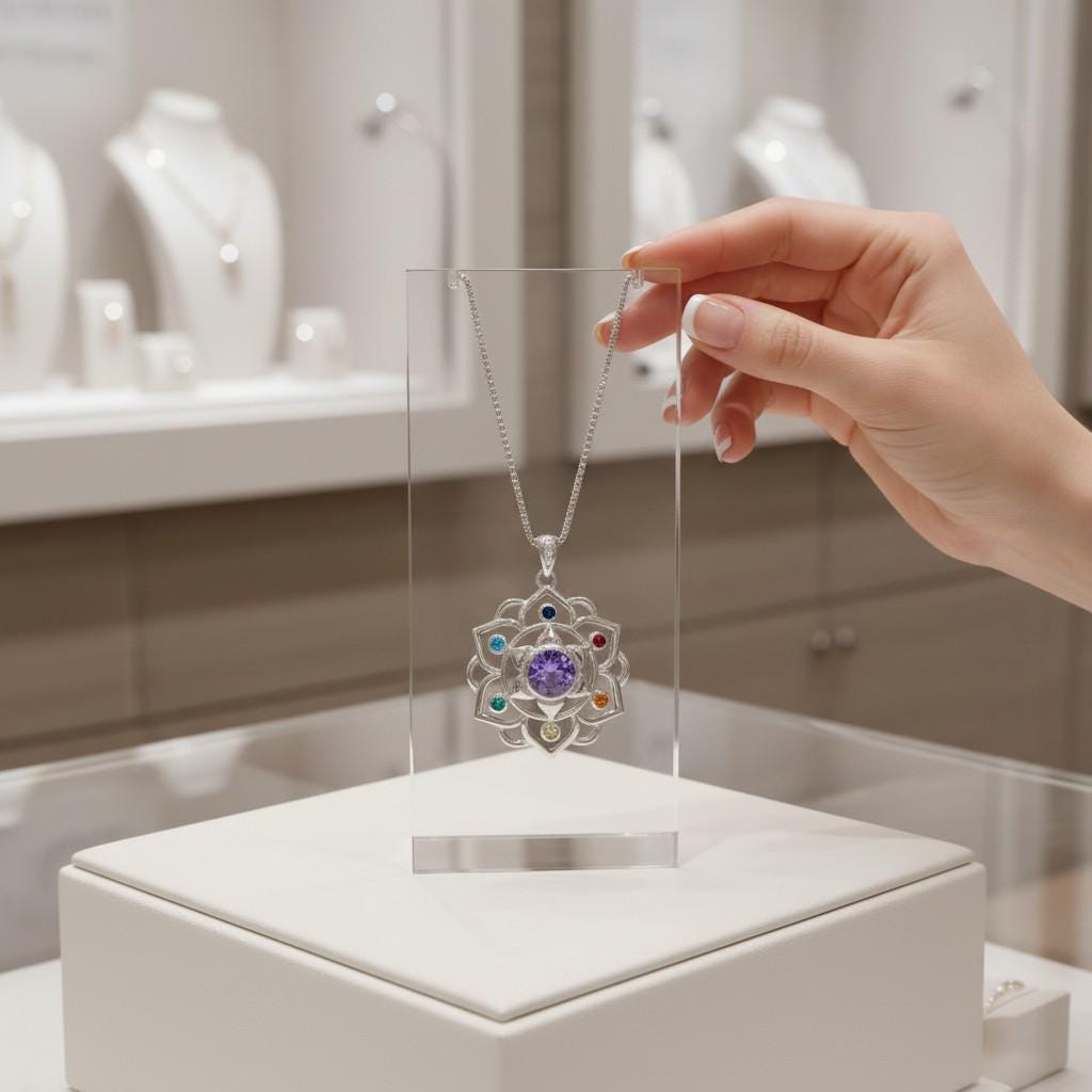 Amethyst Necklace - 7 Chakra Pendant - 18KG @ Sterling Silver - Genuine Natural Amethyst Jewelry - Flower Of Life Yoga Necklace #464