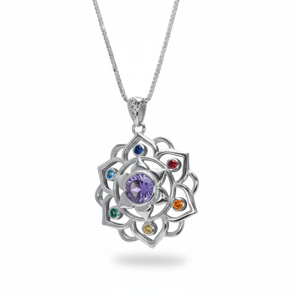 Amethyst Necklace - 7 Chakra Pendant - 18KG @ Sterling Silver - Genuine Natural Amethyst Jewelry - Flower Of Life Yoga Necklace #464