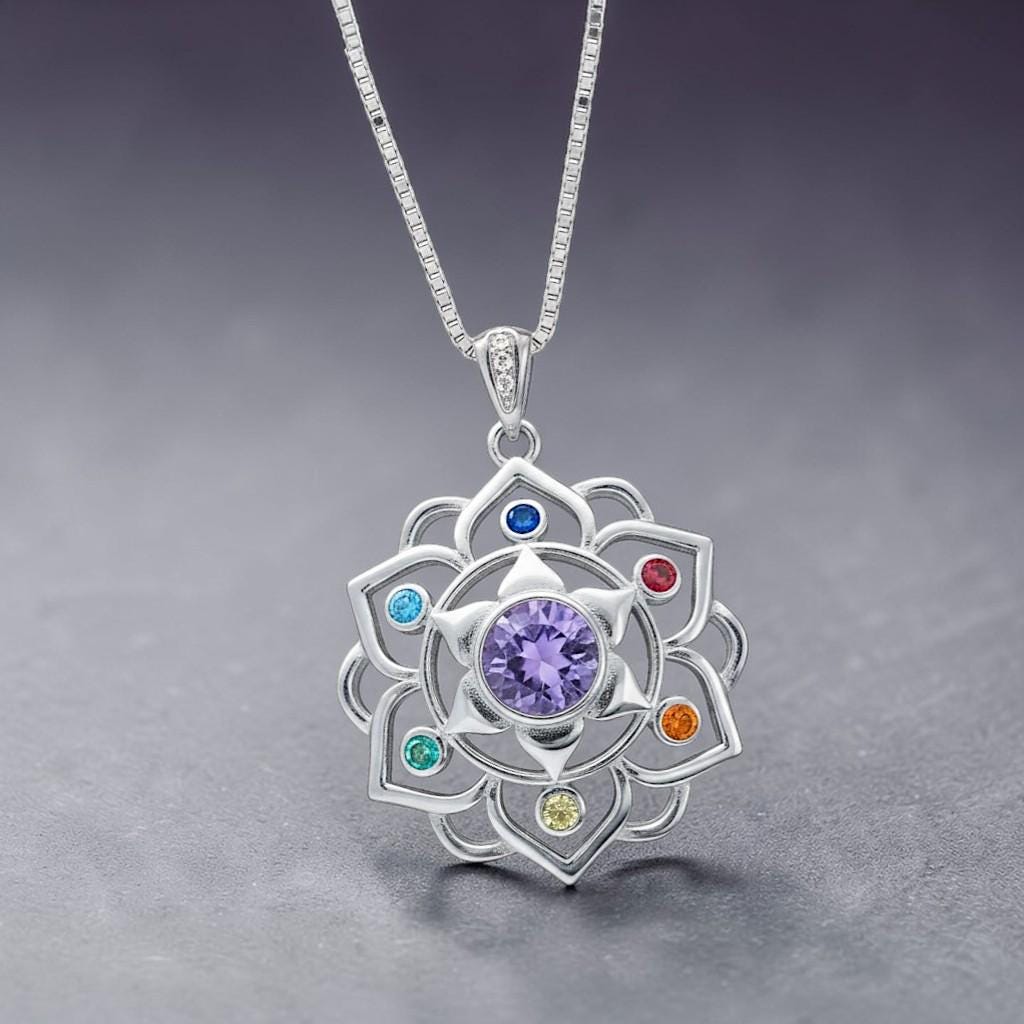 Amethyst Necklace - 7 Chakra Pendant - 18KG @ Sterling Silver - Genuine Natural Amethyst Jewelry - Flower Of Life Yoga Necklace #464