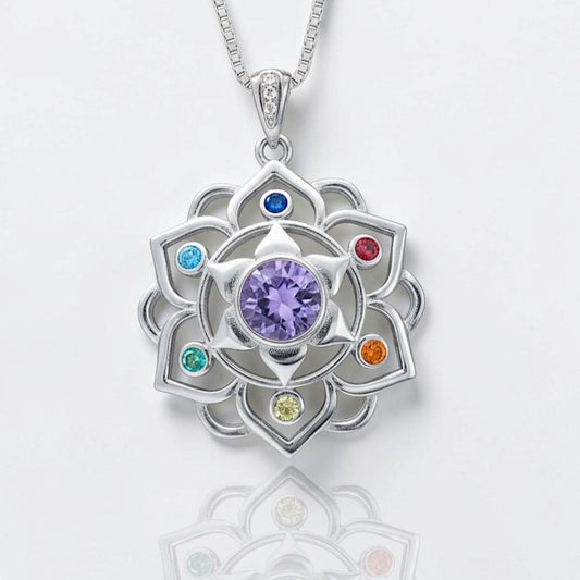 Amethyst Necklace - 7 Chakra Pendant - 18KG @ Sterling Silver - Genuine Natural Amethyst Jewelry - Flower Of Life Yoga Necklace #464