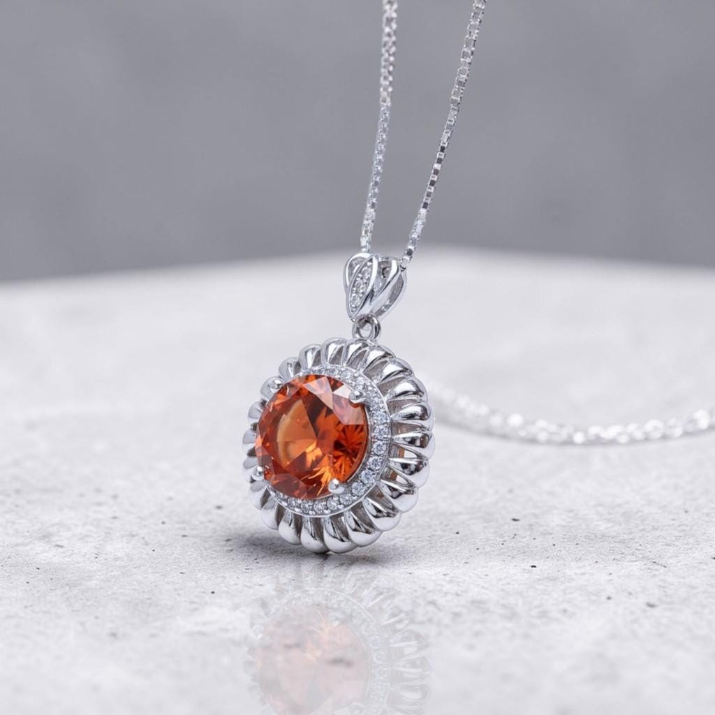 Tangerine Sapphire Sunstone Necklace - 18KGP Sunflower Pendant Full Sterling Silver Sunstone Jewelry Orange Spessartite Garnet Necklace #506