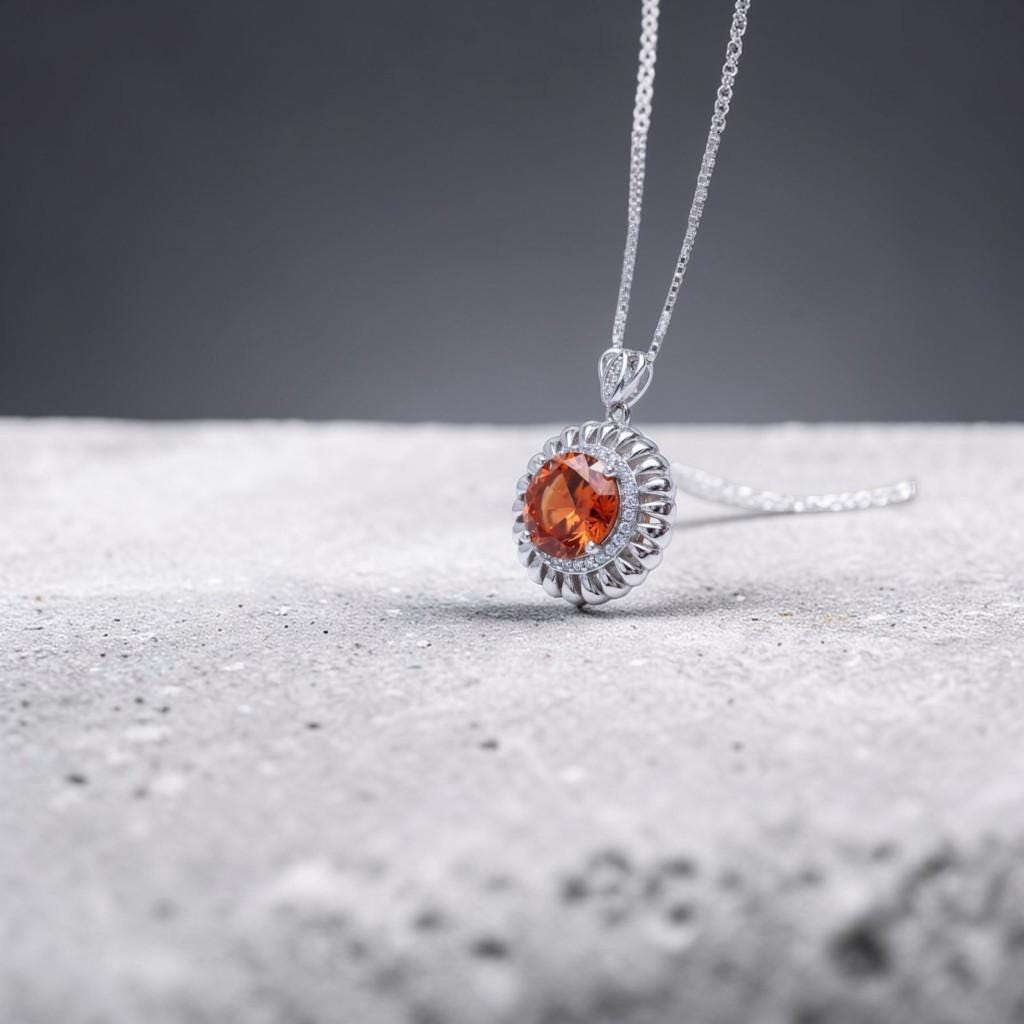 Tangerine Sapphire Sunstone Necklace - 18KGP Sunflower Pendant Full Sterling Silver Sunstone Jewelry Orange Spessartite Garnet Necklace #506