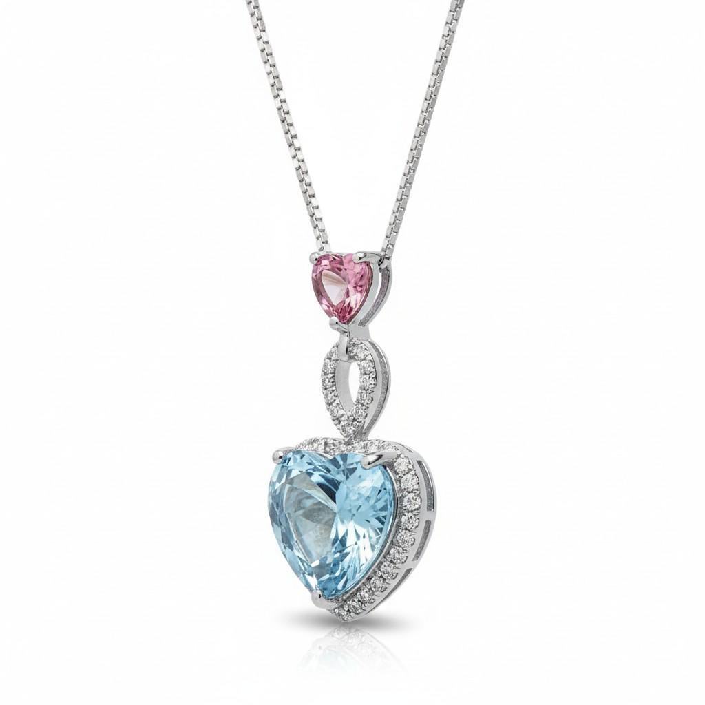Aquamarine Necklace - March Birthstone -Double Heart Pink tourmaline pendant 18KGP @ Sterling Silver - Blue Aquamarine Jewelry #786
