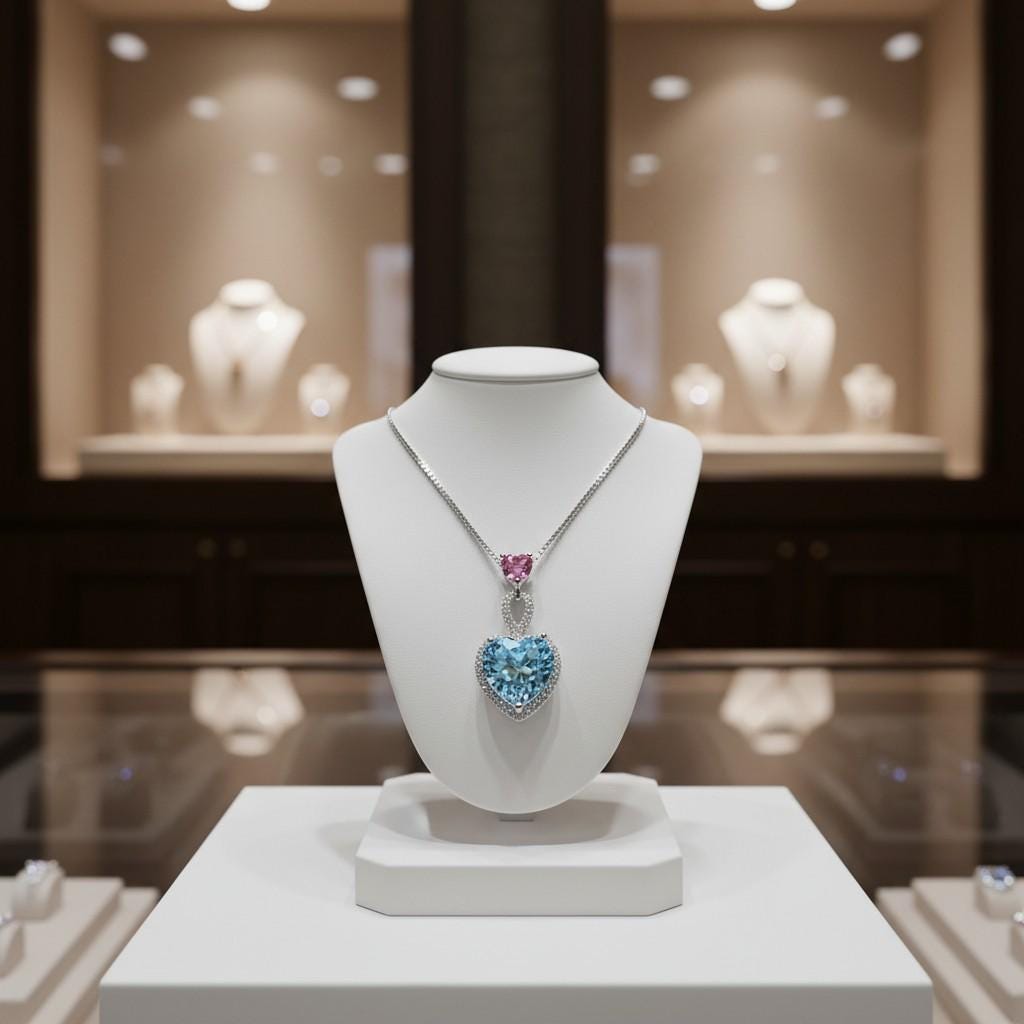 Aquamarine Necklace - March Birthstone -Double Heart Pink tourmaline pendant 18KGP @ Sterling Silver - Blue Aquamarine Jewelry #786
