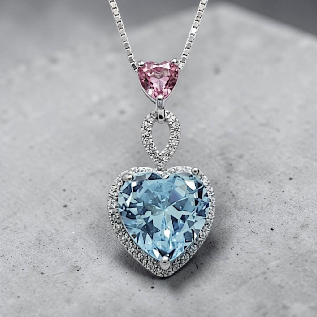 Aquamarine Necklace - March Birthstone -Double Heart Pink tourmaline pendant 18KGP @ Sterling Silver - Blue Aquamarine Jewelry #786