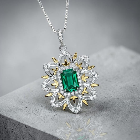Green Emerald Necklace - Gemstone Water Lily Flower Pendant - 18KGP @ Sterling Silver - 1 CT Emerald Jewelry - Goddess Athena Necklace #651