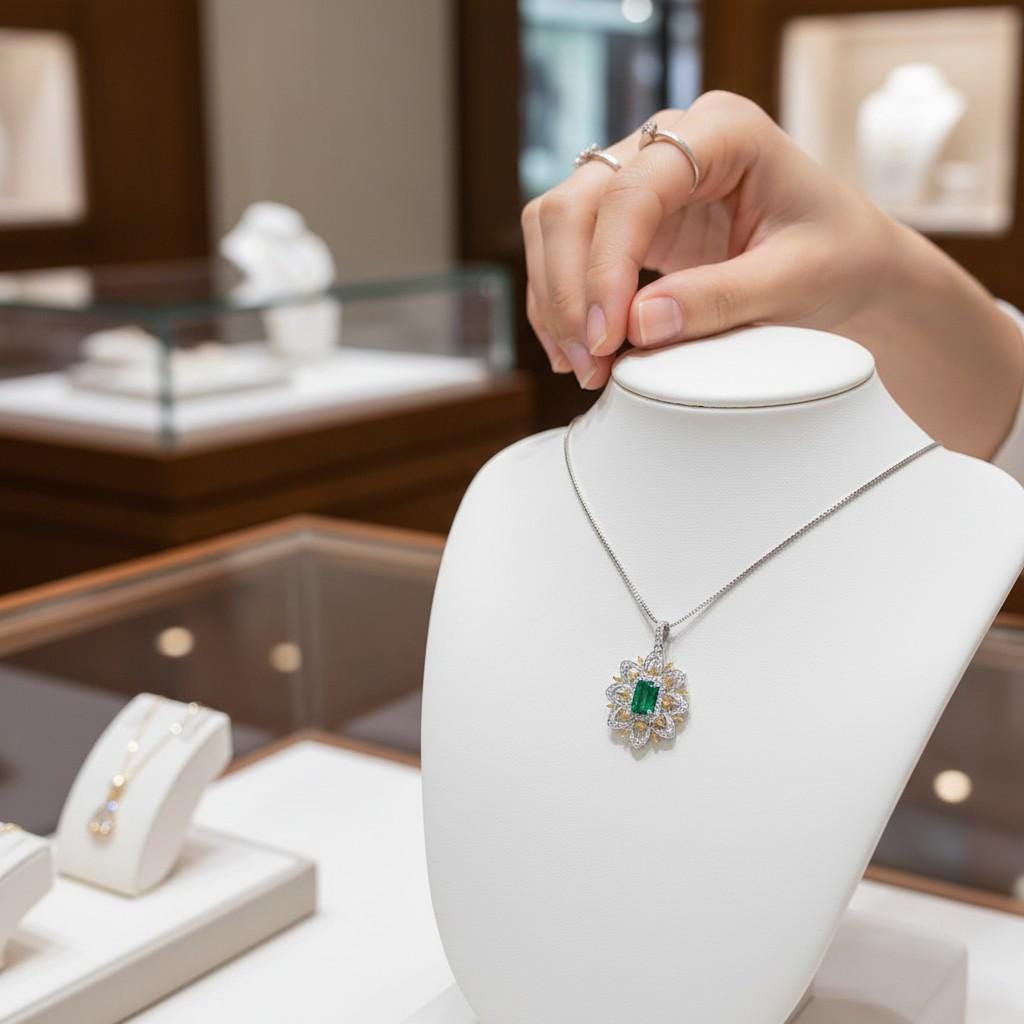 Green Emerald Necklace - Gemstone Water Lily Flower Pendant - 18KGP @ Sterling Silver - 1 CT Emerald Jewelry - Goddess Athena Necklace #651