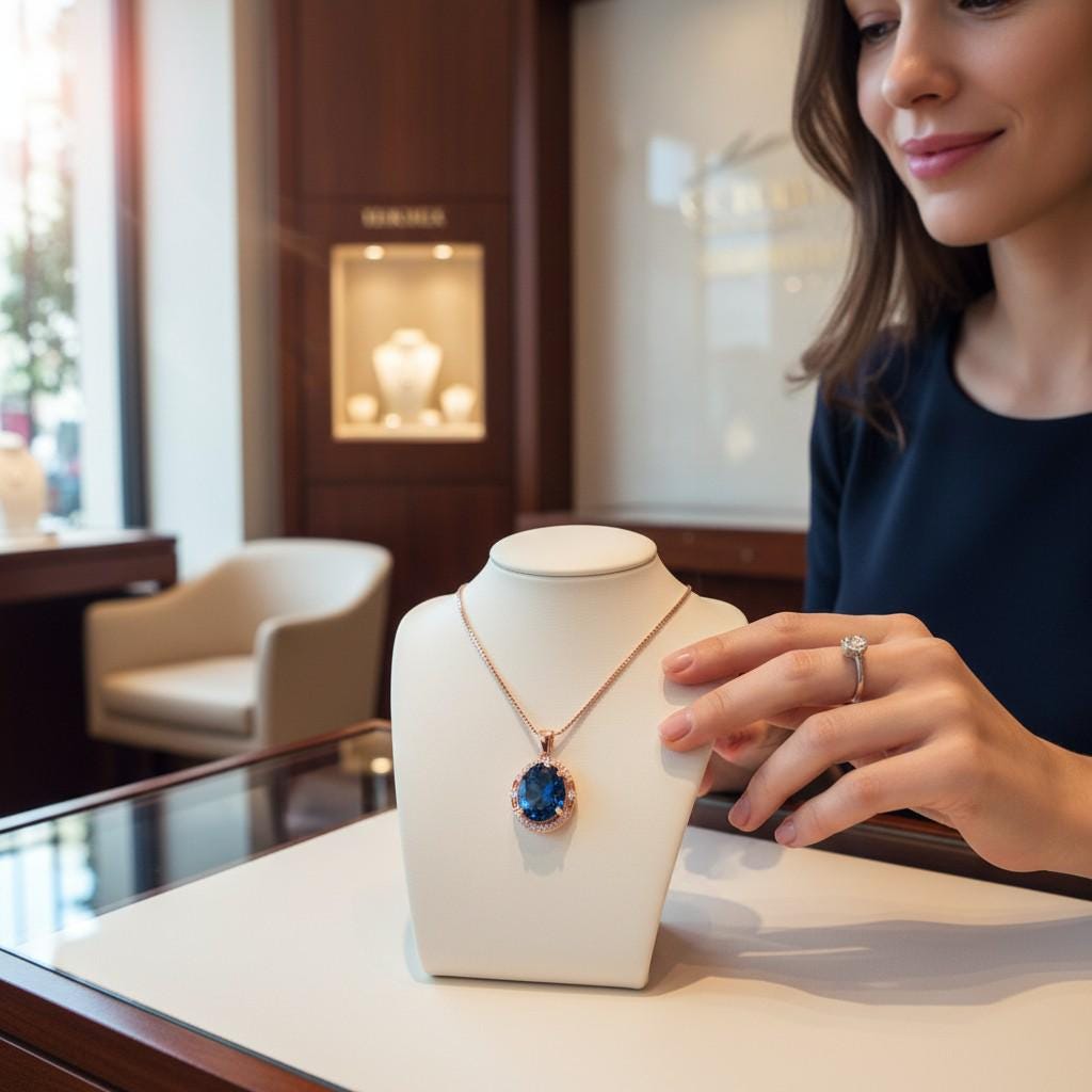 Rose Gold Blue Sapphire Necklace 4.5 CT Oval Royal Blue Gemstone Gemstone Halo Sterling Silver Pendant September Birthstone #745