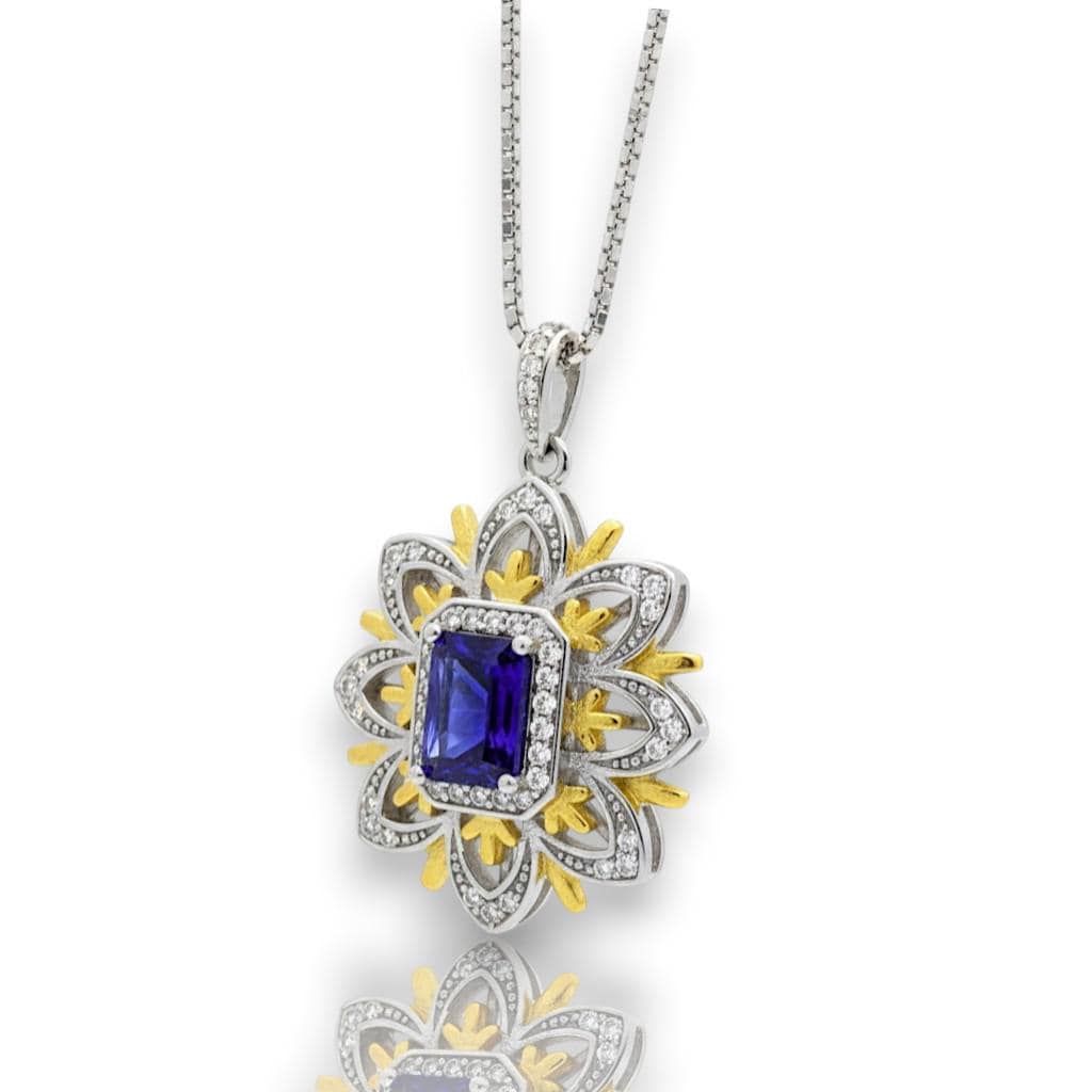 Blue Tanzanite Necklace Gemstone Water Lily Flower Pendant - 18k @ Sterling Silver - 1 CT Rectangle Lab Created Blue Tanzanite Jewelry #650