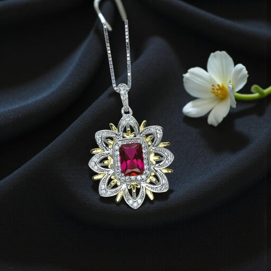 Ruby Necklace -Water Lily Flower Pendant - White Plated Sterling Silver - 1 CT Ruby Pendant - Goddess Athena Necklace #560