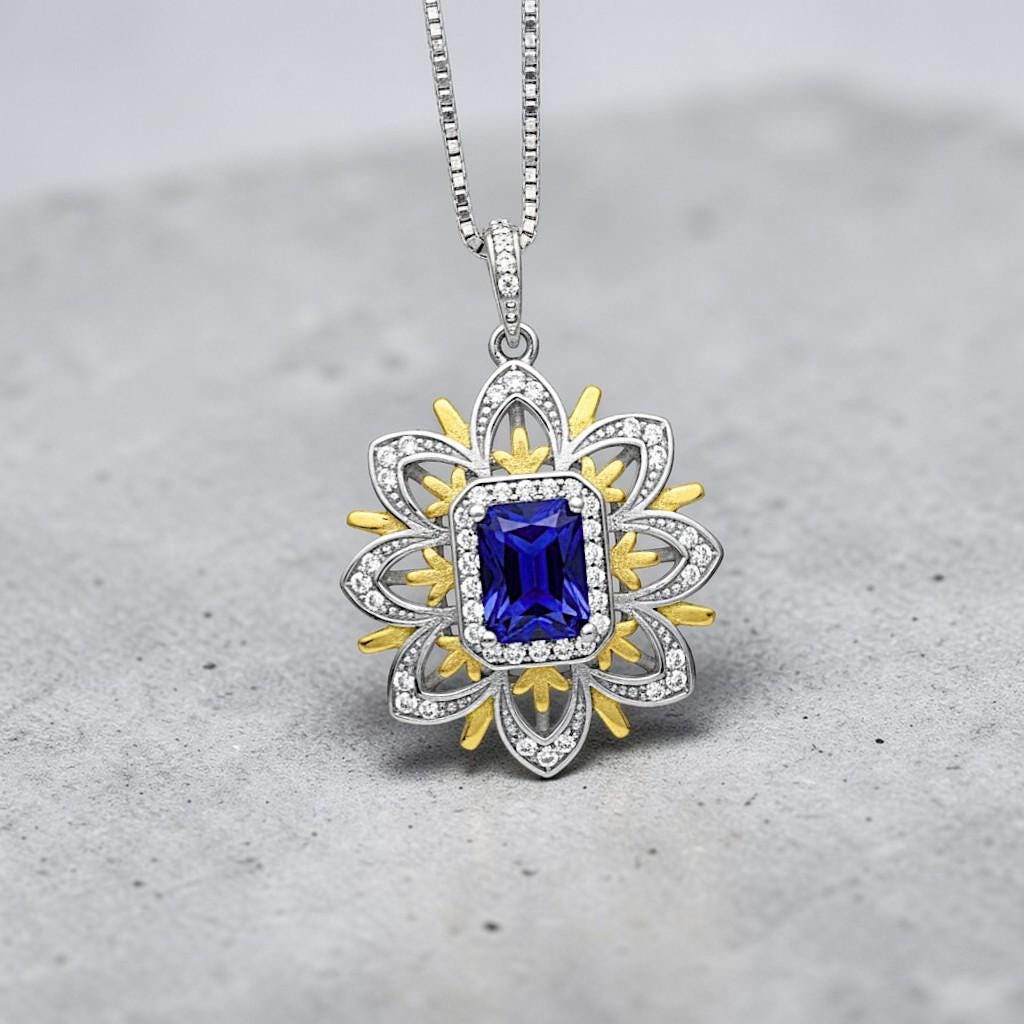 Blue Tanzanite Necklace Gemstone Water Lily Flower Pendant - 18k @ Sterling Silver - 1 CT Rectangle Lab Created Blue Tanzanite Jewelry #650