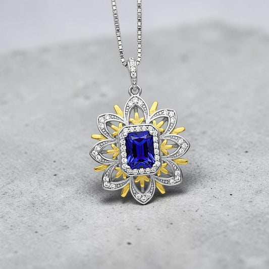Blue Tanzanite Necklace Gemstone Water Lily Flower Pendant - 18k @ Sterling Silver - 1 CT Rectangle Lab Created Blue Tanzanite Jewelry #650