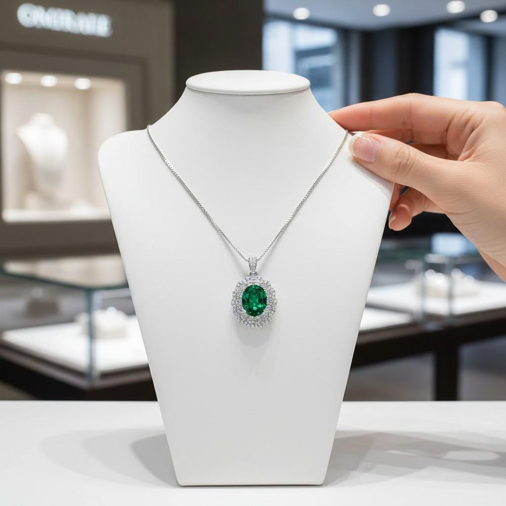 Double Halo Emerald Necklace - Green Emerald Pendant - 18kgp @ Sterling Silver - May Birthstone - Emerald Jewelry #593