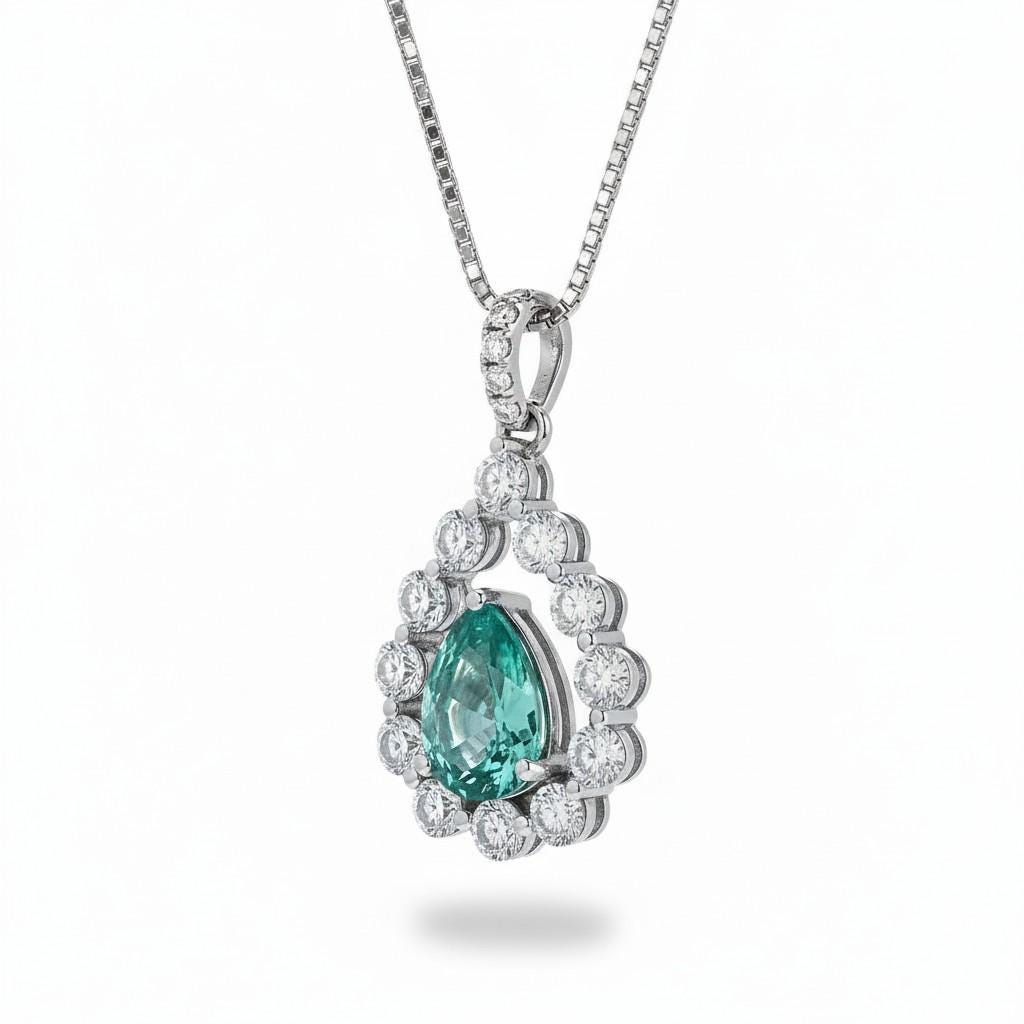Green Paraiba Necklace - 18KGP @ Sterling Silver - 2.5 CT - Gemstone Halo Teardrop Green Paraiba Tourmaline Necklace #969