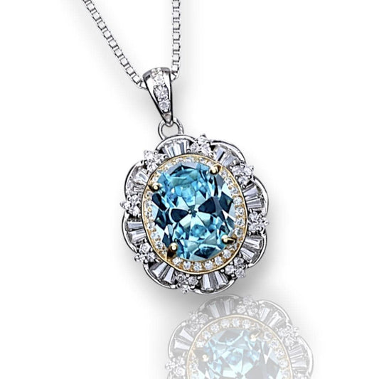 Large Aquamarine Necklace - March Birthstone - 18KGP @ Sterling Silver - Gemstone Royal Flower Style - 2.8 CT Blue Aquamarine Jewelry #722