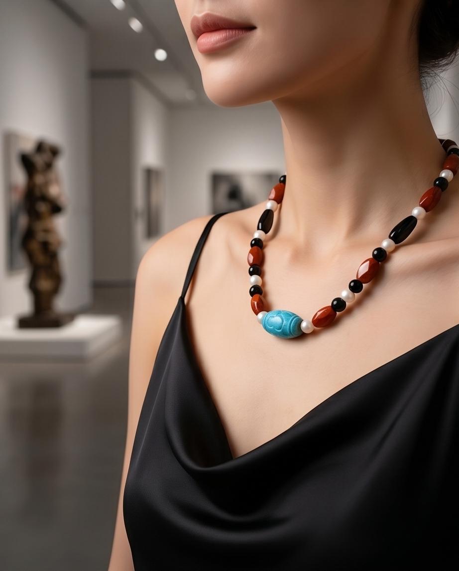 Natural Turquoise Pearl Necklace, Hand-Carved Red Jasper Black Onyx Obsidian Statement Jewelry, Chunky Boho Gemstone Necklace, Sterling Clap