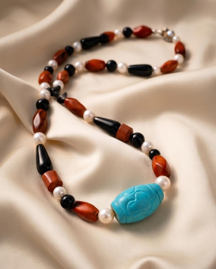 Natural Turquoise Pearl Necklace, Hand-Carved Red Jasper Black Onyx Obsidian Statement Jewelry, Chunky Boho Gemstone Necklace, Sterling Clap