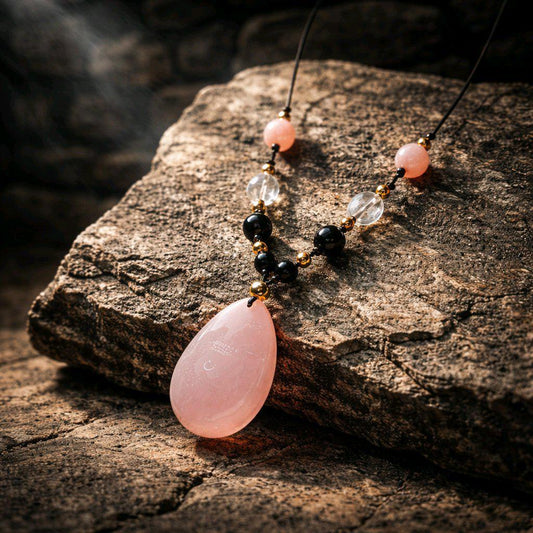 Chunky Rose Quartz Pendant Necklace, Genuine Obsidian Sunstone & Clear Quartz, 30" Adjustable Vegan Cord, Large Pink Crystal Healing Jewelry