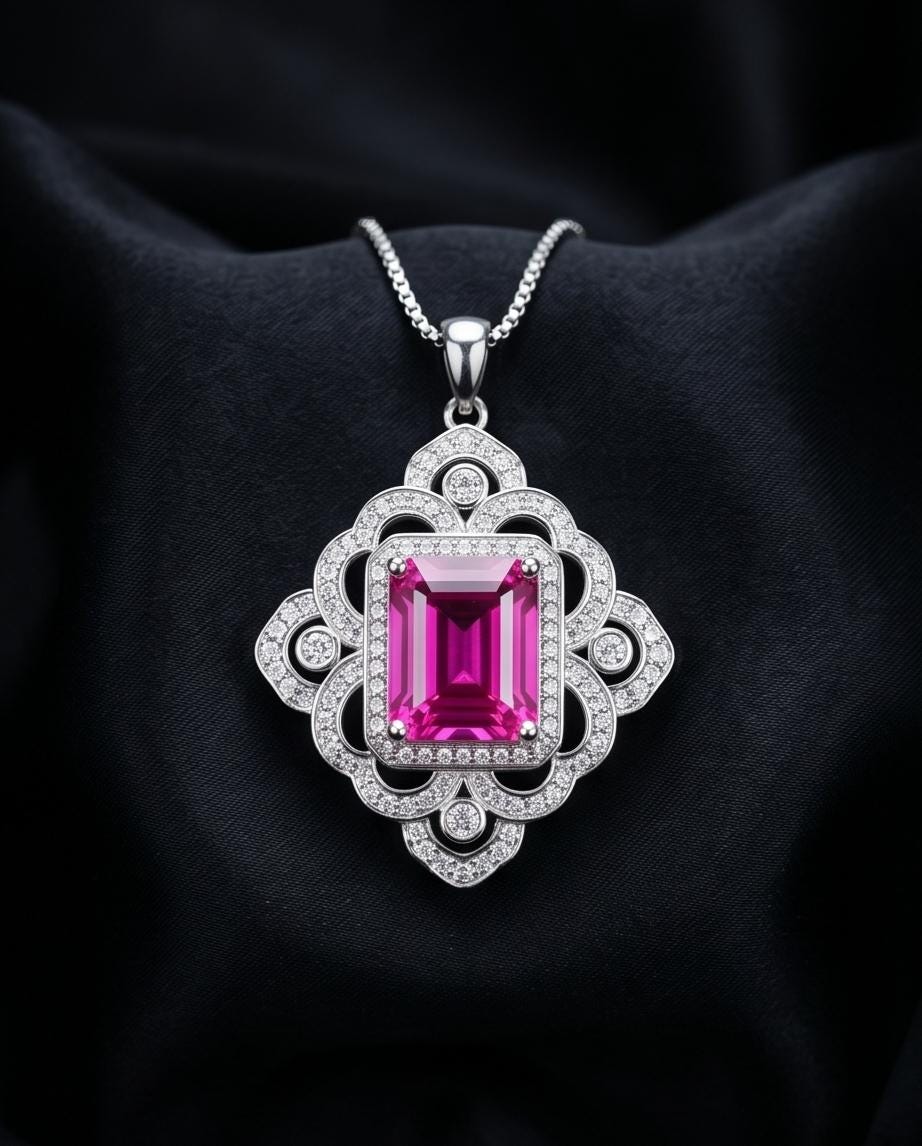 Large Pink Sapphire Necklace Fuchsia Color Gemstone Flower Sterling Silver White Gold Coated - Faceted Rectangle 5 CT Lab Pink Sapphire #819