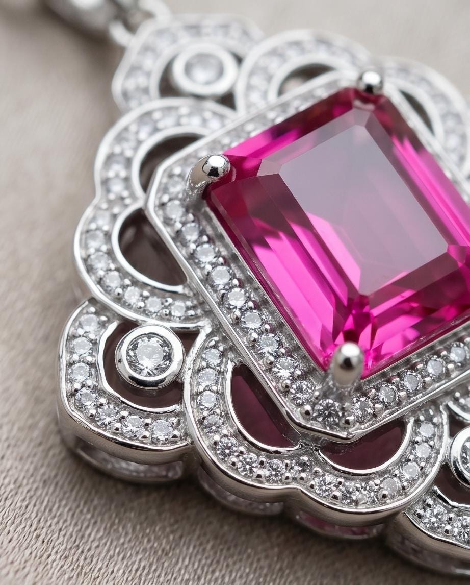 Large Pink Sapphire Necklace Fuchsia Color Gemstone Flower Sterling Silver White Gold Coated - Faceted Rectangle 5 CT Lab Pink Sapphire #819