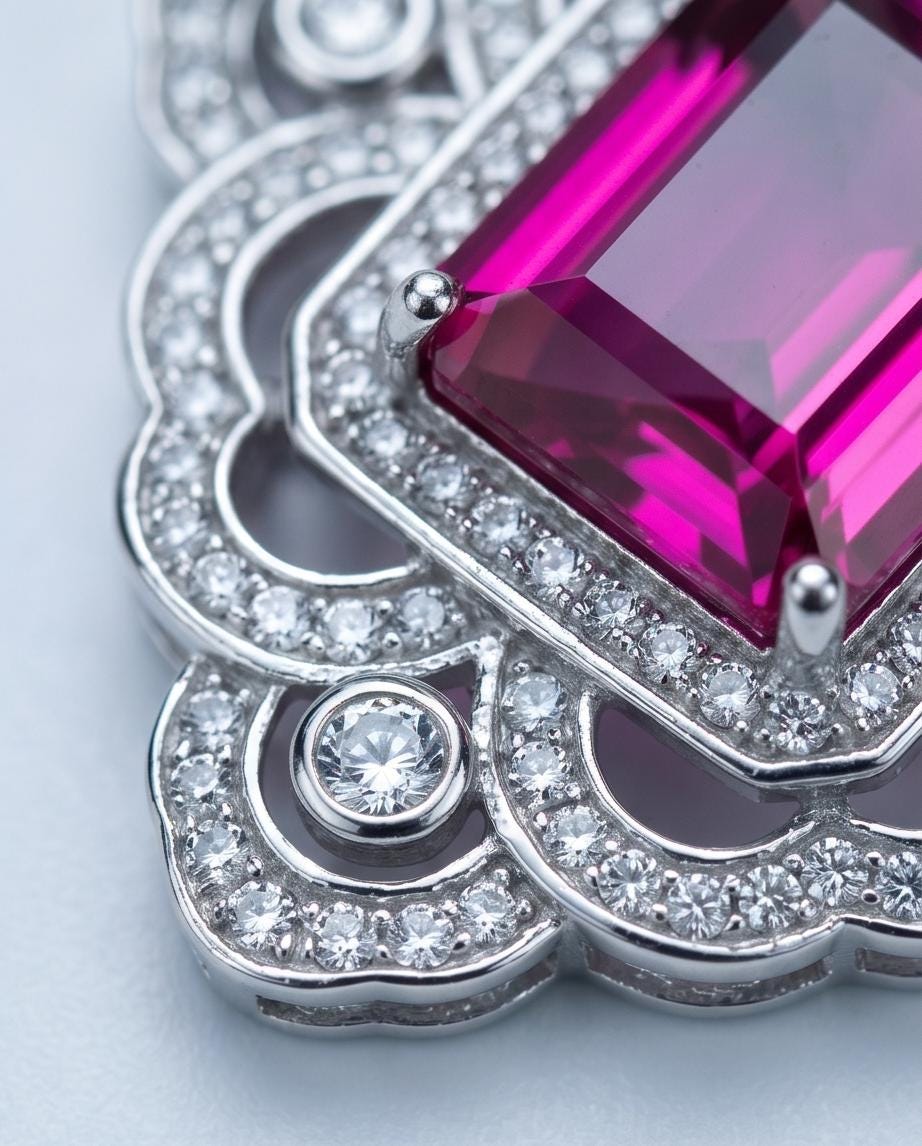 Large Pink Sapphire Necklace Fuchsia Color Gemstone Flower Sterling Silver White Gold Coated - Faceted Rectangle 5 CT Lab Pink Sapphire #819