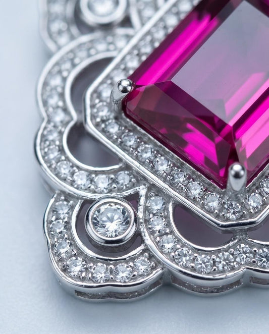 Large Pink Sapphire Necklace Fuchsia Color Gemstone Flower Sterling Silver White Gold Coated - Faceted Rectangle 5 CT Lab Pink Sapphire #819