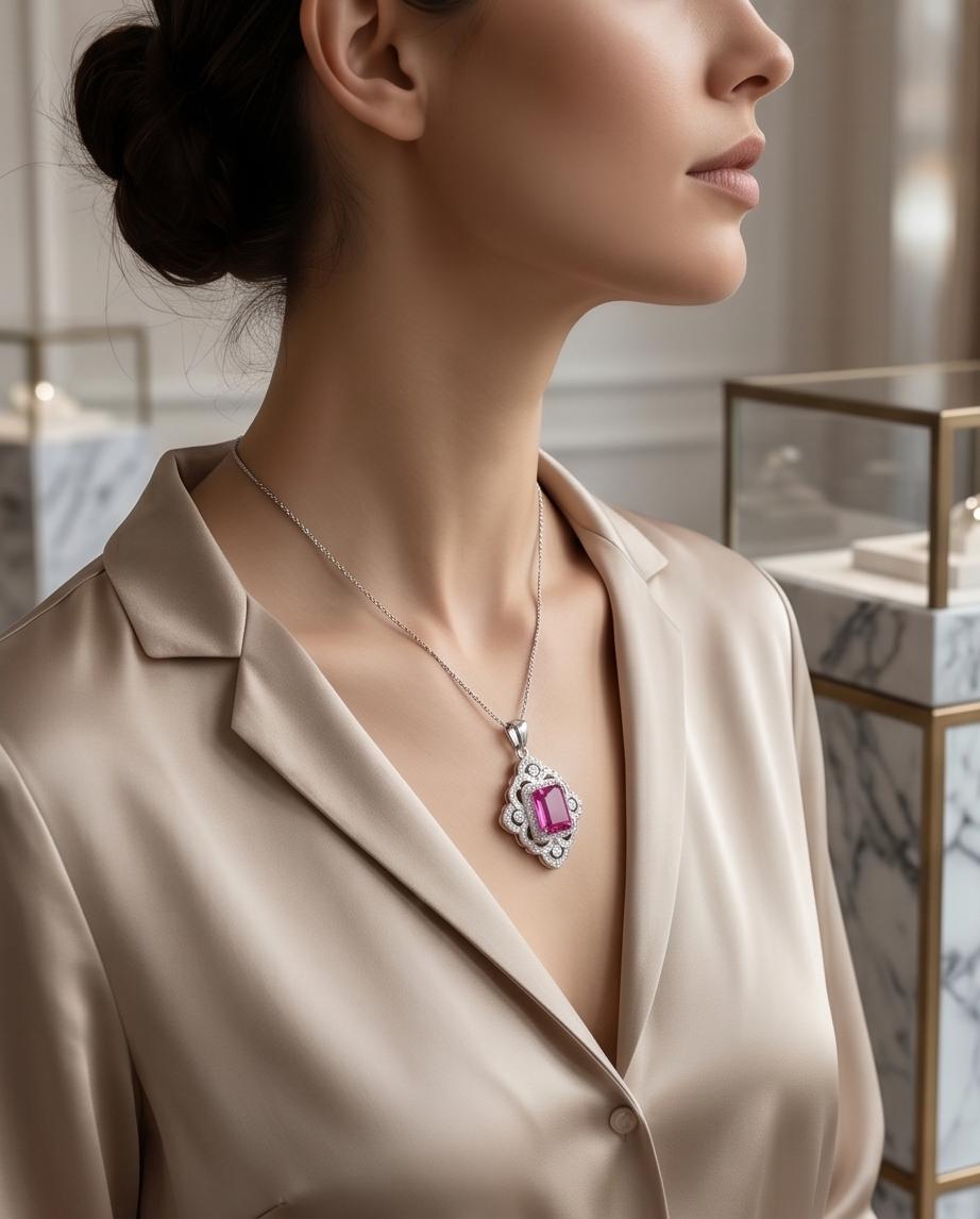 Large Pink Sapphire Necklace Fuchsia Color Gemstone Flower Sterling Silver White Gold Coated - Faceted Rectangle 5 CT Lab Pink Sapphire #819
