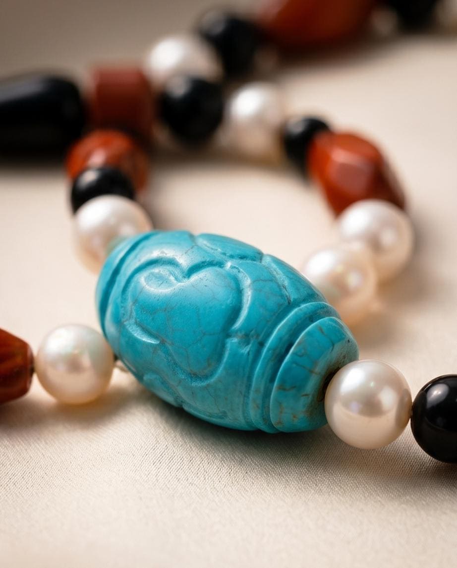 Natural Turquoise Pearl Necklace, Hand-Carved Red Jasper Black Onyx Obsidian Statement Jewelry, Chunky Boho Gemstone Necklace, Sterling Clap