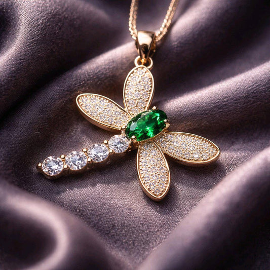 Dragonfly Necklace - Emerald Necklace - Rose Gold Coated 925 Sterling Silver #333