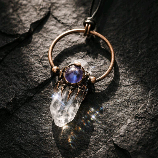 Raw Clear Quartz Point Necklace Copper Geometric Amethyst Pendant, Chunky Stone jewelry 28 inch Adjustable Vegan Cord