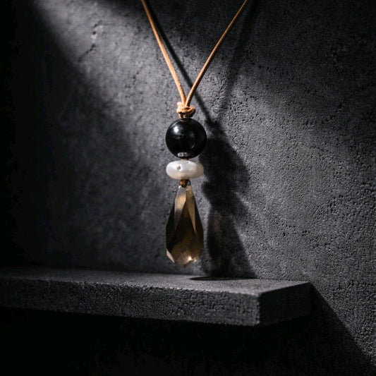Chunky Natural Smoky Quartz Pendant, Genuine Pearl Black Obsidian Necklace, Spiritual Healing Jewelry, Adjustable leather up to 30 inches.